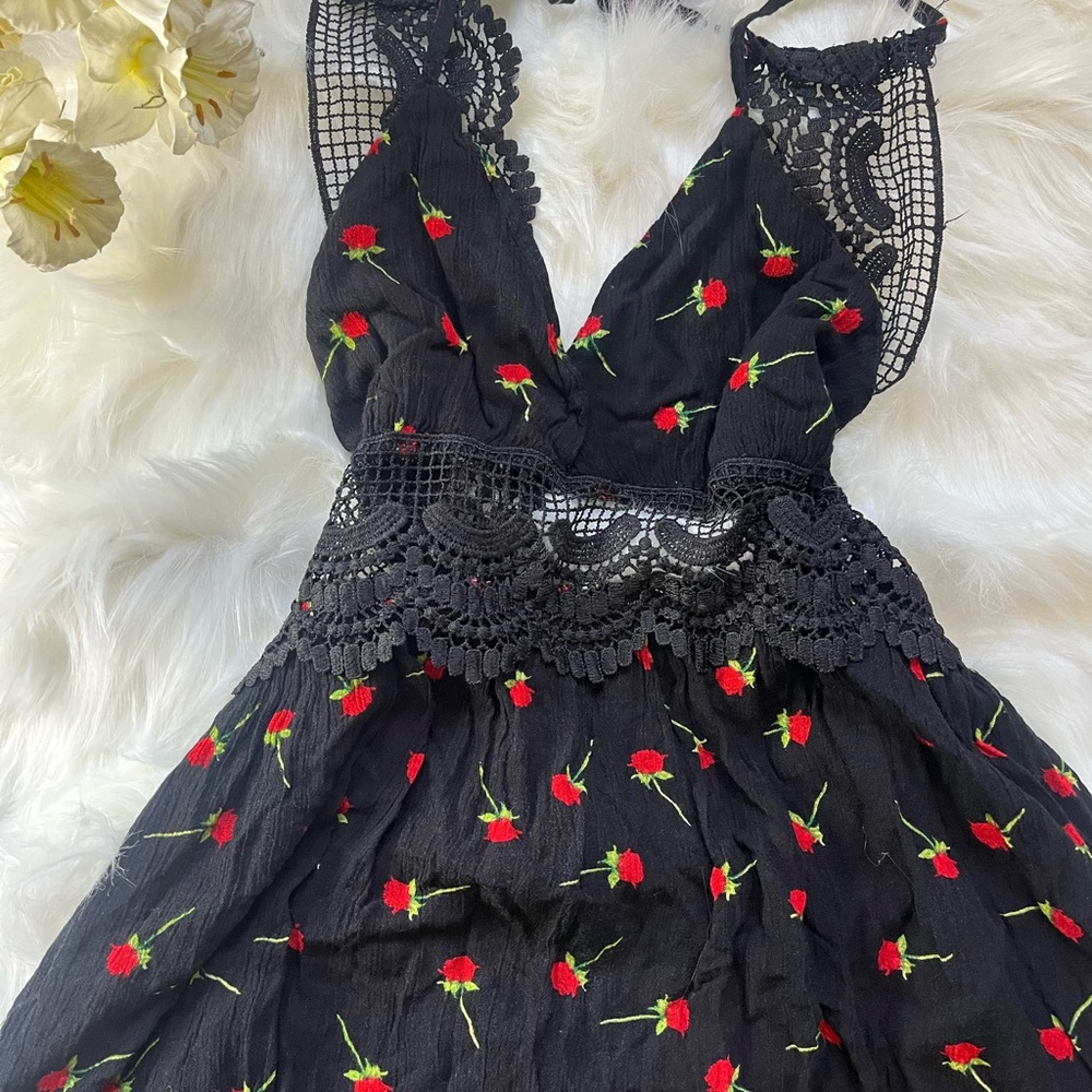 Justify Black Maxi Dress with Red Floral Embroidery